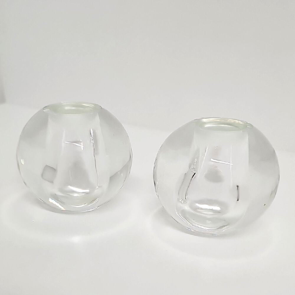 Vintage Elegant Clear Blown Glass Candle Stick Holders Spherical Set of Two